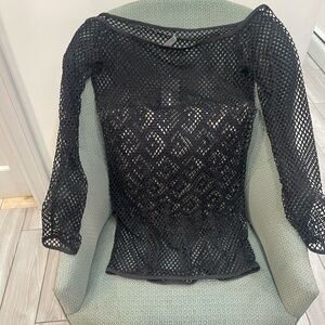 Fashion Nova Black Crochet Mesh Boatneck Long Sleeve Top